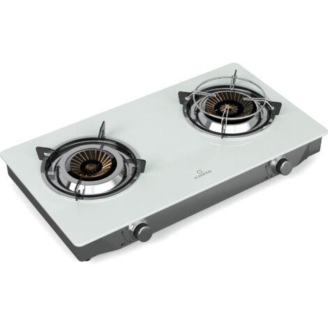 Klarstein Barzona Gas Hob, 2-Burner Stainless Steel & Glass Cooktop, 7.7kW, Portable Camping Stove with Piezo Ignition & Flame Failure Safety, Compact and Portable Design, White