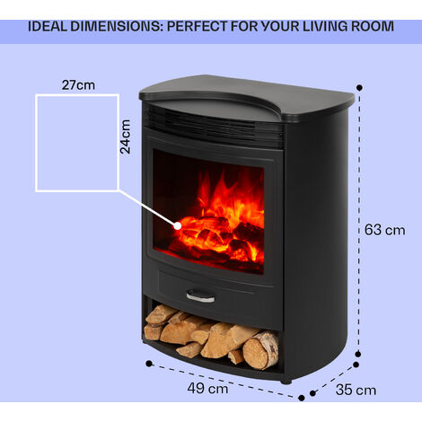Colour: Black Klarstein Bormio S Electric Fireplace Open Window Detection Storage Space for Logs Weekly Timer Remote Control 2 Heat Settings: 950/1900 W Thermostat Realistic Flame Effects