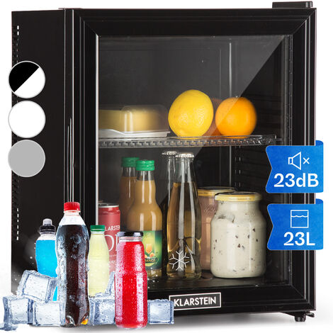 Klarstein Brooklyn Mini Fridge for Bedrooms - Food, Drinks, Skincare & Beer Fridge Cooler, Glass Door Drinks Fridge, Adjustable Shelves, Quiet & Small Fridge For Home, Office, Camping, 12-18°C, 23L (1/5)
