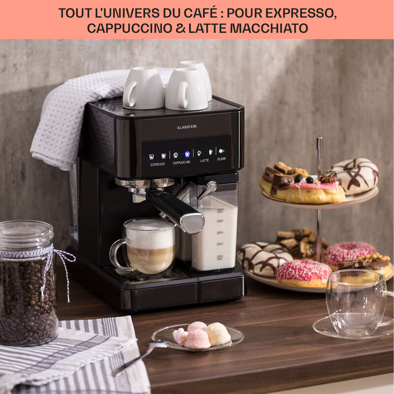 Klarstein Cafetiere avec Mousseur de Lait, 1.4L, Machines à Café et Machines à expresso 20 Bar, Petite Cafetière Electrique Acier Inoxydable 1450W Café Moulu, Qualite Barista