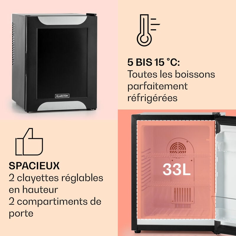 KLARSTEIN Mini Frigo de Chambre de 38L pour Boissons et Bieres, Petit Frigo  Silencieux, Mini Bar Intérieur/Ext, Petit Refrigerateur Camping, Stockage  de Vins, Cosmetique, Étagères Réglables, 6-18°C : : Gros  électroménager