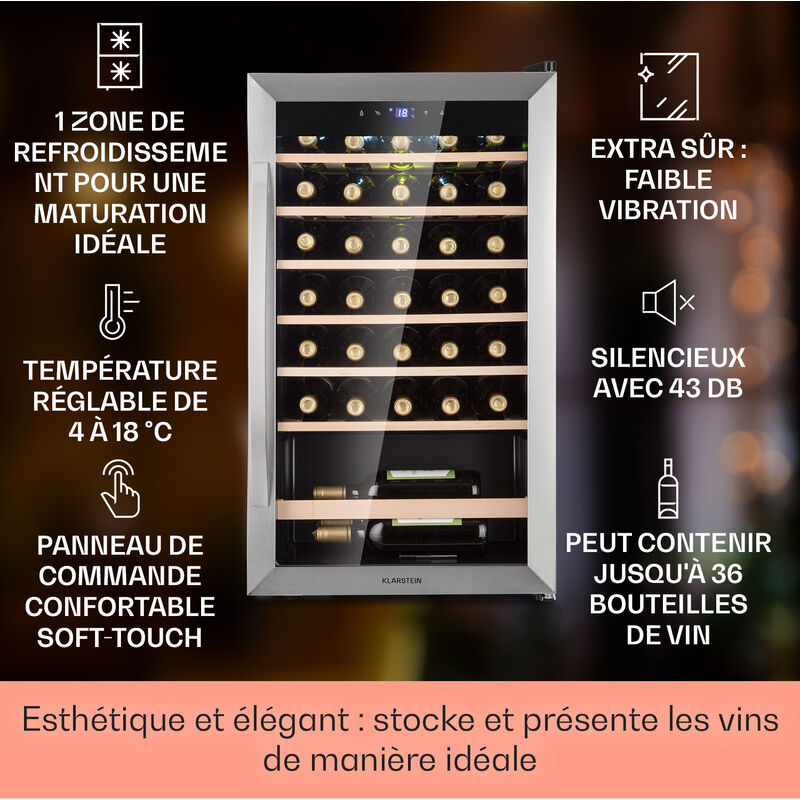 Cave à vin Vinamour 12 Uno, 12 bouteilles / 46 l, une zone de  refroidissement : 4 - 18 °C, 40 dB, panneau de commande tactile externe, porte de sécurité en verre avec cadre en acier inoxydable
