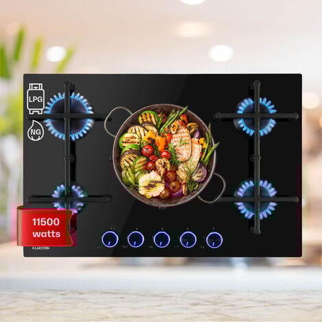Klarstein Plaque de Cuisson Gaz 5 Feux, Table de Cuisson à Gaz 5 Brûleurs, Plaque Gaz 11.5 kW, Piano Cuisine Gaz en Acier Inoxydable, Plaque de Cuisson Gaz Encastrable, Plaque a Gaz Cuisine Inox