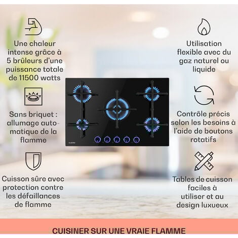 Klarstein Plaque de Cuisson Gaz 5 Feux, Table de Cuisson à Gaz 5 Brûleurs, Plaque Gaz 11.5 kW, Piano Cuisine Gaz en Acier Inoxydable, Plaque de Cuisson Gaz Encastrable, Plaque a Gaz Cuisine Inox