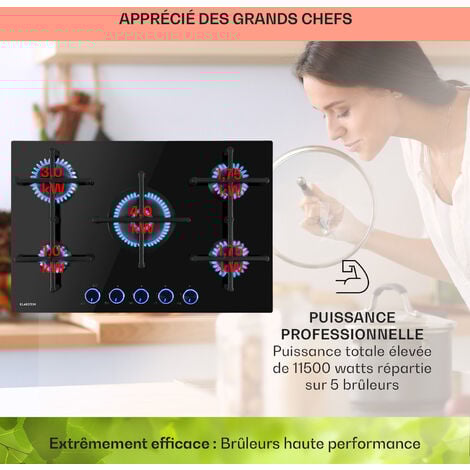 Klarstein Plaque de Cuisson Gaz 5 Feux, Table de Cuisson à Gaz 5 Brûleurs, Plaque Gaz 11.5 kW, Piano Cuisine Gaz en Acier Inoxydable, Plaque de Cuisson Gaz Encastrable, Plaque a Gaz Cuisine Inox