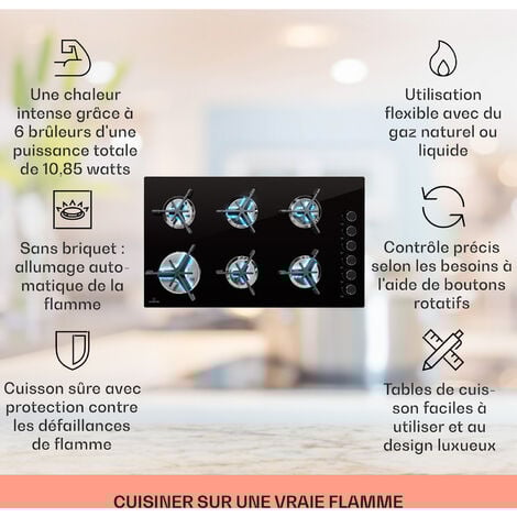 Klarstein Plaque de Cuisson Gaz 6 Feux, Table de Cuisson à Gaz à 6 Brûleurs, Plaque Gaz de 10.85kW, Piano Cuisine Gaz en Acier Inoxydable, Plaque de Cuisson Gaz Encastrable, Plaque a Gaz Cuisine Inox