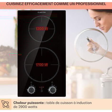 Klarstein Plaque Induction Encastrable de 2900W, Table de Cuisson Induction, Plaque Induction 2 Feux, Plaque de Cuisson Induction avec Sécurité, Tables de Cuisson Electrique 2 Foyers, Plaques