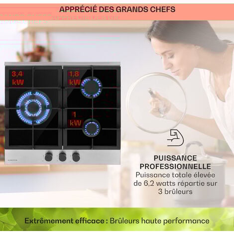Klarstein Plaque de Cuisson Gaz 3 Feux, Table de Cuisson à Gaz à 3 Brûleurs, Plaque Gaz de 6.2 kW, Piano Cuisine Gaz en Acier Inoxydable, Plaque de Cuisson Gaz Encastrable, Plaque a Gaz Cuisine Inox