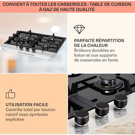 Klarstein Plaque de Cuisson Gaz 3 Feux, Table de Cuisson à Gaz à 3 Brûleurs, Plaque Gaz de 6.2 kW, Piano Cuisine Gaz en Acier Inoxydable, Plaque de Cuisson Gaz Encastrable, Plaque a Gaz Cuisine Inox