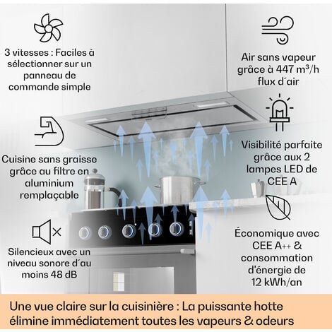 Klarstein Hotte Aspirante 60cm Hotte Aspirante Encastrable Silencieuse Hotte de Cuisine 60 cm avec Lampes LED Débit d'Air Puissant 397 m³/h Hotte avec Évacuation Commandes Tactiles Argent