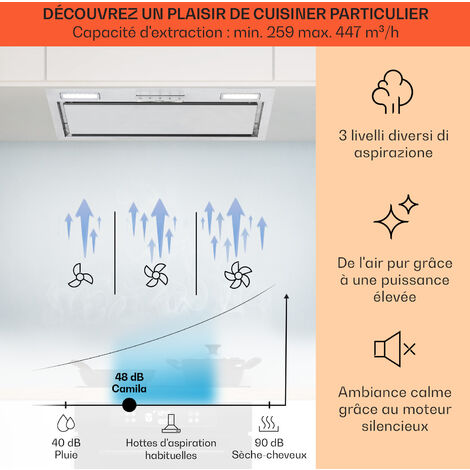 Klarstein Hotte Aspirante 60cm Hotte Aspirante Encastrable Silencieuse Hotte de Cuisine 60 cm avec Lampes LED Débit d'Air Puissant 397 m³/h Hotte avec Évacuation Commandes Tactiles Argent