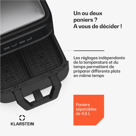 Friteuse à air chaud Klarstein friteuse à air 2 chambres friteuse à air chaud compacte 2850 W friteuse à air 9 L avec panneau de commande tactile minuterie préchauffage 6 modes grande friteuse à air c