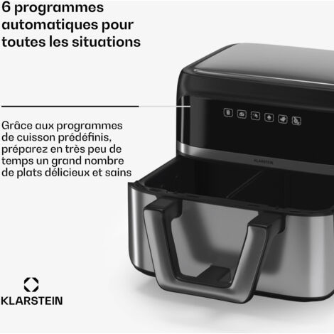 Friteuse à air chaud Klarstein friteuse à air 2 chambres friteuse à air chaud compacte 2850 W friteuse à air 9 L avec panneau de commande tactile minuterie préchauffage 6 modes grande friteuse à air c