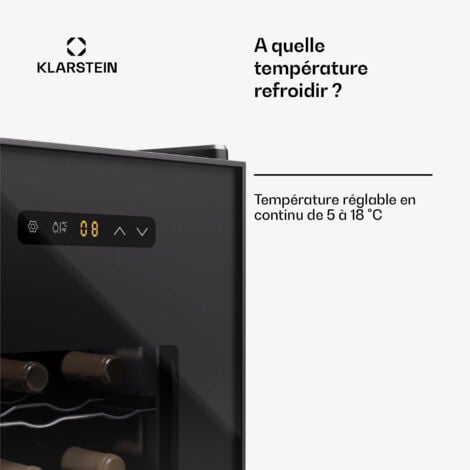 Klarstein cave à vin autonome 1 zone petit réfrigérateur à boissons petite cave à vin petite cave à vin avec porte vitrée réfrigérateur à boissons intérieur/extérieur cave à vin 12 bouteilles Noir