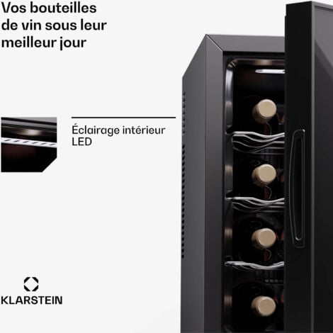Klarstein cave à vin autonome 1 zone petit réfrigérateur à boissons petite cave à vin petite cave à vin avec porte vitrée réfrigérateur à boissons intérieur/extérieur cave à vin 12 bouteilles Noir