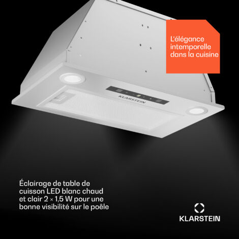 Klarstein Hotte Aspirante Encastrable 52 cm Hotte Aspirante Silencieuse Hotte de Cuisine avec Lampes LED Débit d'Air Puissant 439 m³/h Minuterie Commandes Tactiles Hotte avec Évacuation Blanc