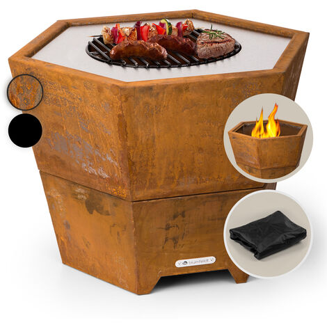 Blumfeldt – Brasero extérieur hexagonal 60 cm en acier – Brûleur à bois pour bûches – Housse de protection incluse – Grille de cuisson inox – Résistant aux intempéries