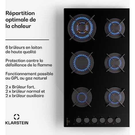 Klarstein Tables de Cuisson à Gaz, Plaque de Cuisson Gaz à 6 Brûleurs, Table de Cuisson Encastrable à 6 Feux de 12200W, Cuisiniere Gaz, Gaziniere Gaz avec Brûleurs en Acier Inoxydable, Cuisinières GPL