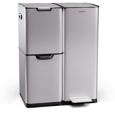 Klarstein Poubelle de cuisine 60 L grande poubelle avec 3 compartiments et couvercle grande poubelle à pédale pour la salle de bain poubelle à pédale 3 compartiments poubelle en acier inoxydable 60 li