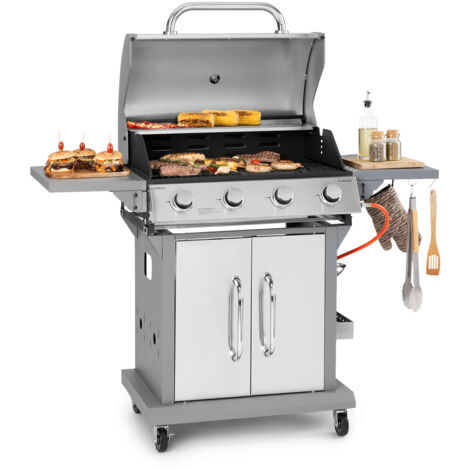 Klarstein – Barbecue à gaz 4 brûleurs 14,4 kW – Surface de cuisson 69 x 45 cm – Acier inoxydable – Allumage piézoélectrique – Mobile sur roulettes