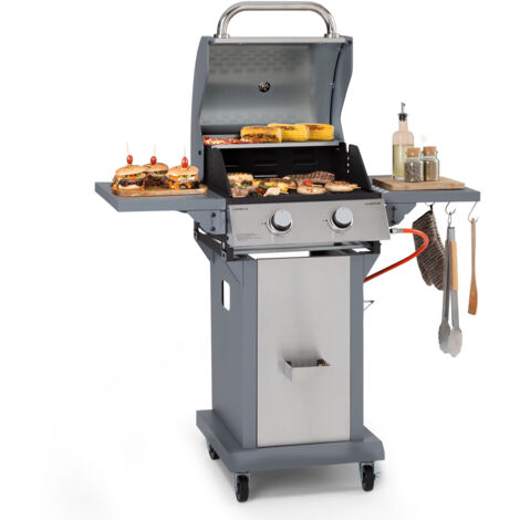 Klarstein – Barbecue à gaz 2 brûleurs 7,2 kW – Surface de cuisson 45 x 45 cm – Capot inox avec thermomètre – Tablettes latérales en acier inoxydable