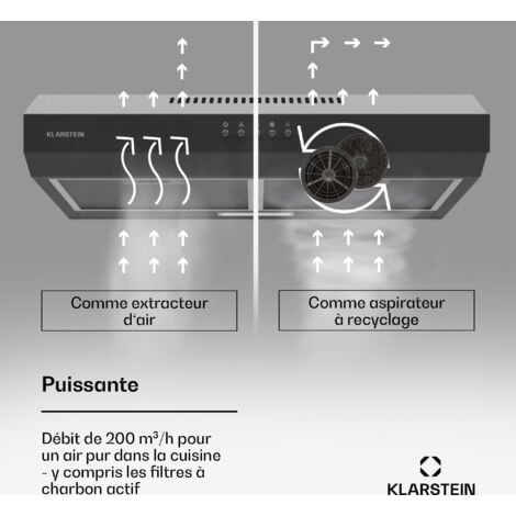 Klarstein hotte aspirante 60 cm Hotte d'extraction avec filtre en aluminium compatible lave-vaisselle évacuation d'air silencieuse débit d'air de 200 m³/h hottes murales efficaces avec LED & commandes