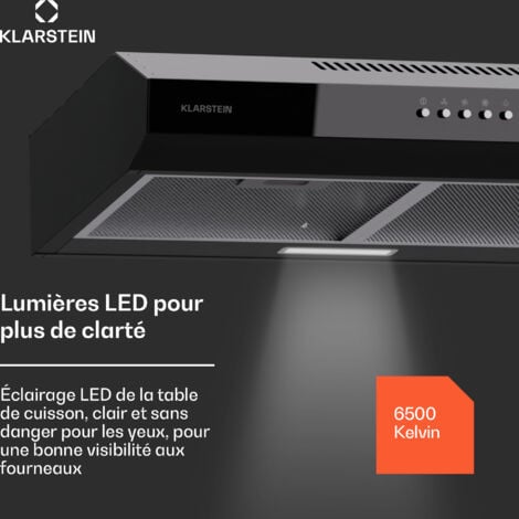 Klarstein hotte aspirante 60 cm Hotte d'extraction avec filtre en aluminium compatible lave-vaisselle évacuation d'air silencieuse débit d'air de 200 m³/h hottes murales efficaces avec LED & commandes