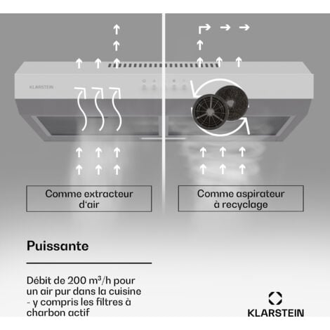 Klarstein hotte aspirante 60 cm Hotte d'extraction avec filtre en aluminium compatible lave-vaisselle évacuation d'air silencieuse débit d'air de 200 m³/h hottes murales efficaces avec LED & commandes