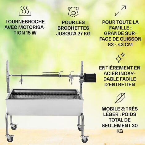 BBQ-Toro Gril mobile avec broche et grille pour barbecue sphérique  Set de  brochettes avec 2 aiguilles à viande, grille réglable en hauteur, moteur  pour le camping, le plein air : 