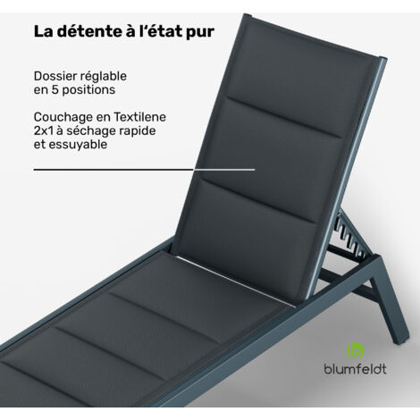 Chaise Longue Blumfeldt Renazzo - 6 Positions, Toile ComfortMesh Hydrofuge, Cadre Aluminium 8kg - Anthracite - Pour Jardin, Terrasse, Balcon