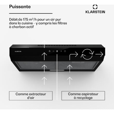 Klarstein Hotte Aspirante 60 cm Hotte Aspirante Silencieuse Hotte de Cuisine 60cm avec Lampes LED Débit d'Air Puissant de 175 m³/h Hotte avec Évacuation Filtre à Graisse en Aluminium Noir