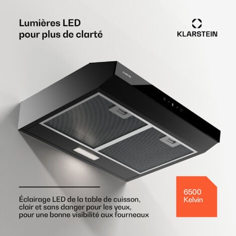 Klarstein Hotte Aspirante 60 cm Hotte Aspirante Silencieuse Hotte de Cuisine 60cm avec Lampes LED Débit d'Air Puissant de 175 m³/h Hotte avec Évacuation Filtre à Graisse en Aluminium Noir