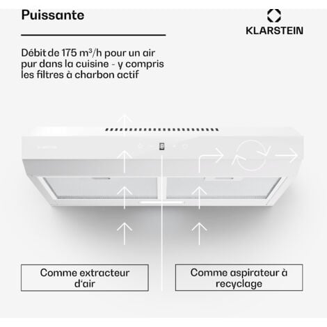Klarstein Hotte Aspirante 60 cm Hotte Aspirante Silencieuse Hotte de Cuisine 60cm avec Lampes LED Débit d'Air Puissant de 175 m³/h Hotte avec Évacuation Filtre à Graisse en Aluminium Blanc