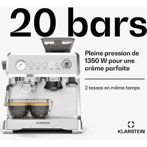 Machine à Café Klarstein SteelPresso Touch - 20 Bars, 1350W - Écran Tactile, Mousseur Lait Intégré - Réservoir 1.5L - Grain Ou Moulu - Inox