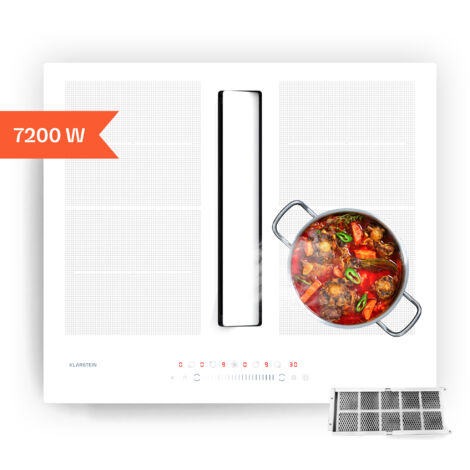 Table à Induction Avec Hotte Intégrée Klarstein AirJet Hybrid – 12 KW, 750 M³/h, Classe A++ – 9 Niveaux, Commande Tactile – Pour îlot Ou Cuisine Classique