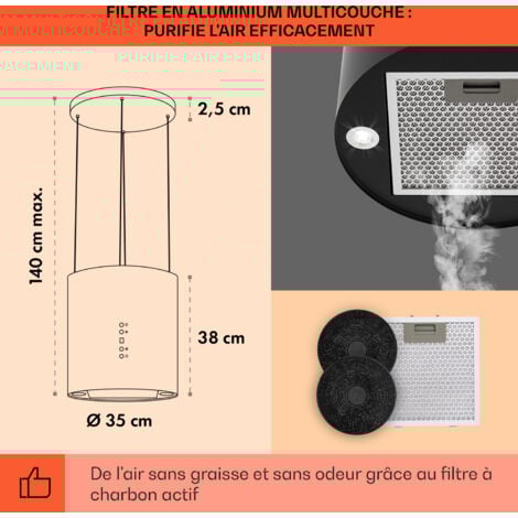 Hotte aspiranteîlot Barett Ø35cm recirculation 558 m³/h LED filtre à charbon actif