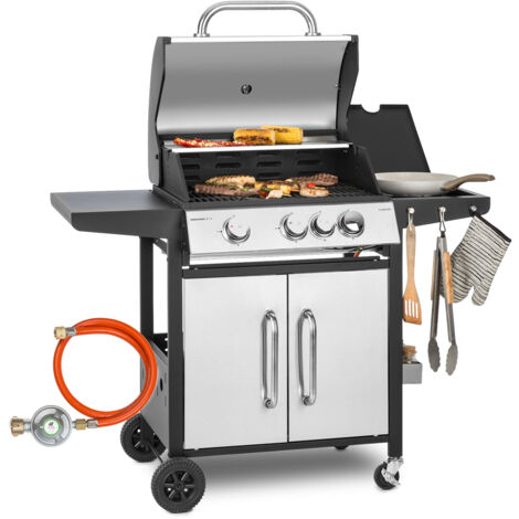 Klarstein – Barbecue à gaz 4 brûleurs 13,5 kW – Gril en acier inoxydable – Surface de cuisson 60 x 45 cm – Thermomètre intégré – Allumage Piézo