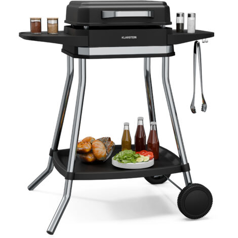 Klarstein Gatsby Barbecue Électrique Sur Pied 3050 W - Intérieur & Extérieur, Concept EasyGrill Sans Fumée, Plaque Antiadhésive, Jusqu'à 240°C, Tables d'Appoint, Montage Rapide