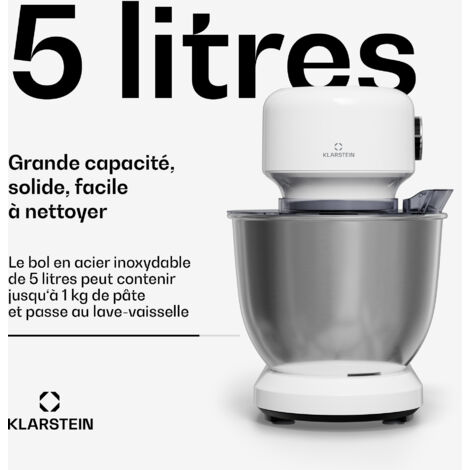 Klarstein Bella Evo Robot Pâtissier 1500W – Bol Inox 5L, 12 Vitesses + Pulse, Système Planétaire, Crochet, Fouet & Batteur, Multifonction Noir/Argent