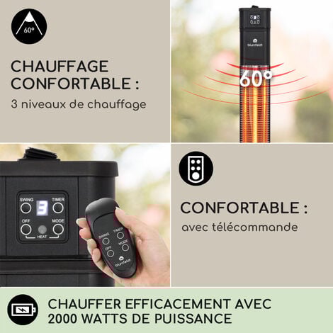 Klarstein Chauffage Electrique à Infrarouge, Chauffage de Jardin de 2000W, Chauffage Interieur et Exterieur Terrasse IP44, Securisé, Oscillation, Télécommande, Chauffage d'Appoint Sans CO2