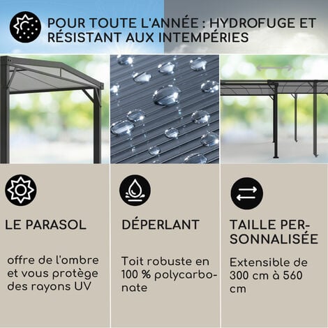 Blumfeldt Pantheon Solid Sky Tonnelle de Jardin Waterproof de 3m x 5.6m avec Toit en Polycarbonate, Pergola en Kit avec Structure en Aluminium, Barnum de Jardin Résistant et Durable, Gris foncé