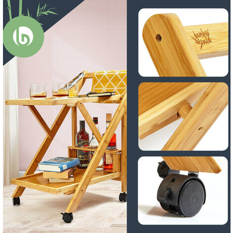 Chariot de service 2 étagères 4 roulettes 66x70x40,5cm (LxHxP) bambou
