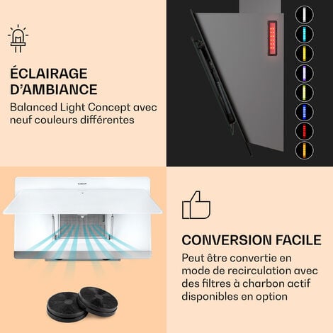 Klarstein Hotte Aspirante 90 cm, Hotte Aspirante Inclinée Silencieuse, Hotte  de Cuisine 90cm avec Lampes LED RGB, Débit d'Air Puissant 563 m³/h,  Efficacité Energétique Classe A, Hotte avec Évacuation : : Gros