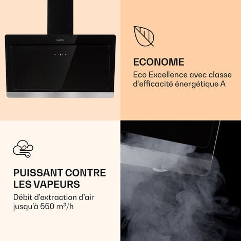 Klarstein Hotte Aspirante 90 cm, Hotte Aspirante Inclinée Silencieuse, Hotte de Cuisine 90cm avec Lampes LED RGB, Débit d'Air Puissant 563 m³/h, Efficacité Energétique Classe A, Hotte avec Évacuation