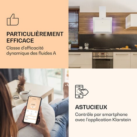 Klarstein Hotte Aspirante 60 cm, Hotte Aspirante Inclinée Silencieuse, Hotte de Cuisine 60cm avec Lampes LED, Débit d'Air Puissant 563m³/h, Efficacité Energétique A, Hotte avec Évacuation, Wi-Fi