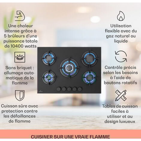 Klarstein Tables de Cuisson à Gaz, Plaque de Cuisson Gaz à 5 Brûleurs, Table de Cuisson Encastrable à 5 Feux de 10400W, Cuisiniere Gaz, Gaziniere Gaz avec Brûleurs en Acier Inoxydable, Cuisinières GPL