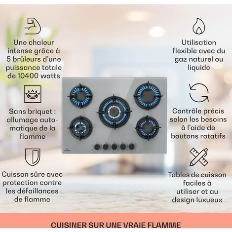 Klarstein Tables de Cuisson à Gaz, Plaque de Cuisson Gaz à 5 Brûleurs, Table de Cuisson Encastrable à 5 Feux de 10400W, Cuisiniere Gaz, Gaziniere Gaz avec Brûleurs en Acier Inoxydable, Cuisinières GPL