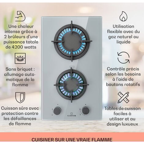 Klarstein Tables de Cuisson à Gaz, Plaque de Cuisson Gaz à 2 Brûleurs, Table de Cuisson Electrique à 2 Feux de 4200W, Cuisiniere Gaz, Gaziniere Gaz avec Brûleurs en Acier Inoxydable, Cuisinières GPL