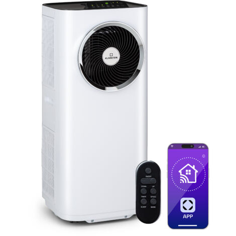 Klarstein Climatiseur mobile, climatiseur 5 en 1, ventilateur, déshumidificateur, purificateur d'air & mode nuit, contrôle par application, climatiseur d'appartement, 11 500 BTU, blanc
