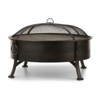 Braséro 2-en-1 Ø 80 cm avec grille barbecue 70 cm – Acier bruni résistant aux intempéries – Foyer pour bûches et charbon de bois – Blum